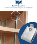 Killer Quality Adjustable Steel Pilaster Shelf Support Clips Zinc Coated Heavy Duty Mounting Hardware Pack Of 20 attached to wooden shelving.