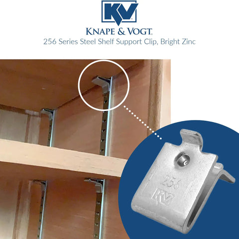 Killer Quality Adjustable Steel Pilaster Shelf Support Clips Zinc Coated Heavy Duty Mounting Hardware Pack Of 20 attached to wooden shelving.