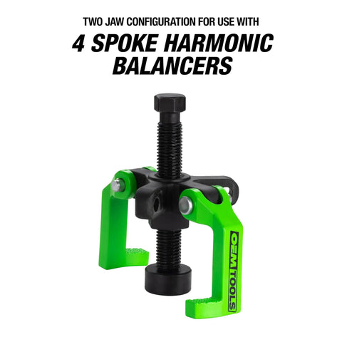 Versatile 2 And 3 Jaw Harmonic Balancer Puller for 3, 4, and 6 Spoke Balancers, green two-jaw tool for 4-spoke use