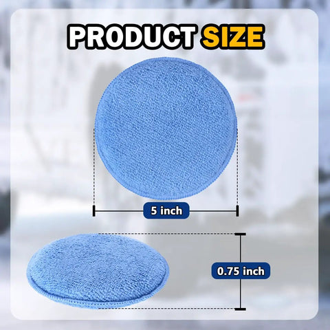 Six Pack 5 Inch Car Wax Applicator Pads, Round Foam And Microfiber Buffing Pads, size illustration, top and side view