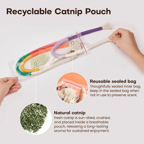 Packaging of Three Pack Cat Chew Rope Toys With Refillable Catnip For Indoor Cats Safe Teeth Cleaning And Teething Interactive Nip Kitty Toys