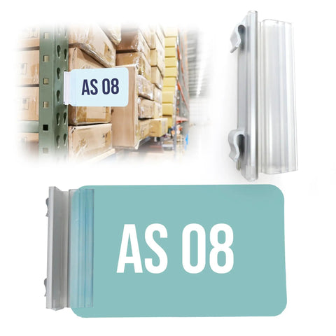 Heavy Duty Warehouse Aisle Sign Holders With Flexible Hinge For Pallet Rack Uprights holding AS 08 sign in angled view.