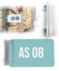 Heavy Duty Warehouse Aisle Sign Holders For Pallet Rack Upright With Flexible Hinge 50 Pack showing label AS 08 in warehouse setting.