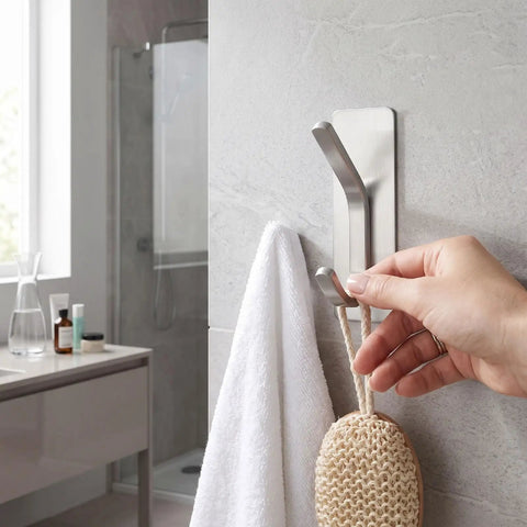 Insane Grip No Drill Towel Hooks Six Pack Silver Rust Proof Heavy Duty Bathroom Wall Mount shown holding a towel and bath scrubber.