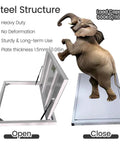 Heavy Duty Invisible Floor Hatch With Rock Solid Suction Grip Custom Size Crawl Space Access Panel shown open with steel structure and elephant on it.