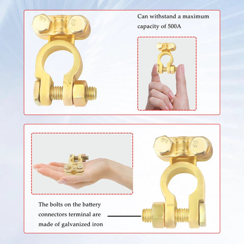 Heavy Duty Brass Battery Terminals Positive And Negative Hella Durable Universal Fit For Truck Boat Car Handles 300 Amps shown in hand.