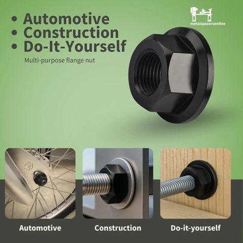 M6 X 1.0 Black Zinc Flange Nuts 25 Pack, multi-purpose nut shown in automotive, construction, and DIY settings.