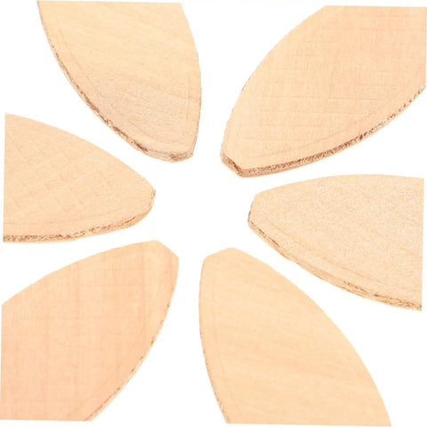 Close-up of 100 PC Wood Biscuits For Woodworking Pro Grade Slotting And Plywood Joinery Tool in a circular arrangement.