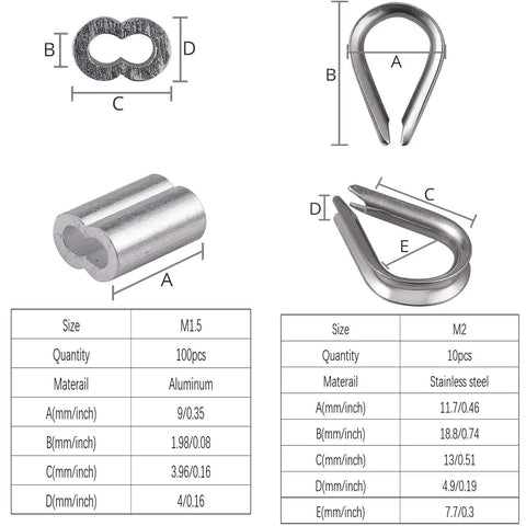 Aluminum crimping loop sleeve and stainless steel wire rope thimble from Heavy Duty Wire Rope Crimping Tool Kit With 100 Ft One Sixteenth Inch Stainless Steel Cable, 100 Aluminum Crimping Loop Sleeves, 10 Stainless Steel Wire Rope Thimbles And Crimping Pliers
