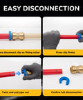 KAINGA 3/4 in brass push-fit check valve with blue disconnect clip on red PEX pipe; instructional collage