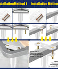 Installation guide for Total Game Changer Adjustable Metal Bed Legs In Crisp White Set Of Six with images of methods.