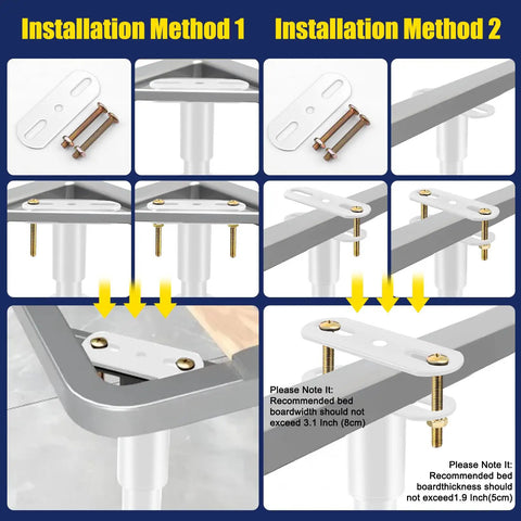 Installation guide for Total Game Changer Adjustable Metal Bed Legs In Crisp White Set Of Six with images of methods.