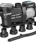 Self Priming Pool Pump With High Flow For Inground And Above Ground Pools One Point Five HP Motor Delivers About Seven Thousand Three Hundred Fifty GPH For Crystal Clear Water No Hassle Setup Durable And Quiet Family Swim Ready, shown with 1.5HP motor and accessories.