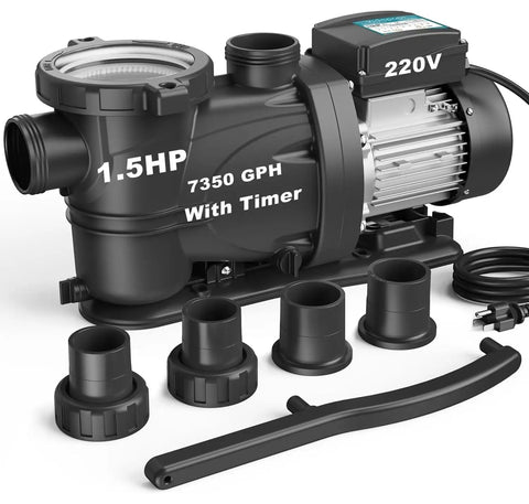 Self Priming Pool Pump With High Flow For Inground And Above Ground Pools One Point Five HP Motor Delivers About Seven Thousand Three Hundred Fifty GPH For Crystal Clear Water No Hassle Setup Durable And Quiet Family Swim Ready, shown with 1.5HP motor and accessories.