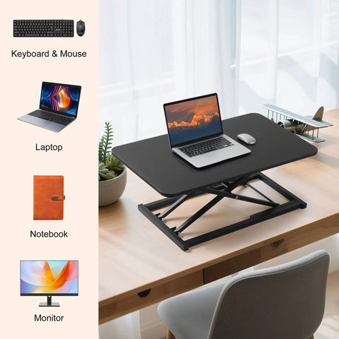 Standing Desk Converter With Adjustable Height Keyboard Riser For Stand Up Desks And Ergonomic Sit Stand Workstations, Big 23.6 Inch Desktop Surface, Black Game Changing Upgrade For Your Home Office on a wooden desk with laptop and mouse