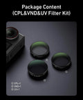 Package of DJI Osmo Action 6 Filter Kit with 2-32 Variable ND, CPL UV lens filters next to camera body on black surface.