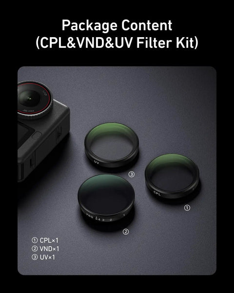 Package of DJI Osmo Action 6 Filter Kit with 2-32 Variable ND, CPL UV lens filters next to camera body on black surface.