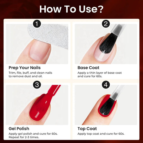 Steps for using 8 Piece Gel Nail Polish Set With Base Coat And Top Coat 6 Color Gel Polishes Hema Free UV LED Nail Kit for DIY Nails