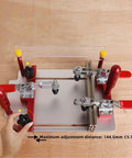 Coping Sled for Router Table with Clear Acrylic Fence, Rail Guide, Safety Pushing Clamp, max adjustment distance labeled.