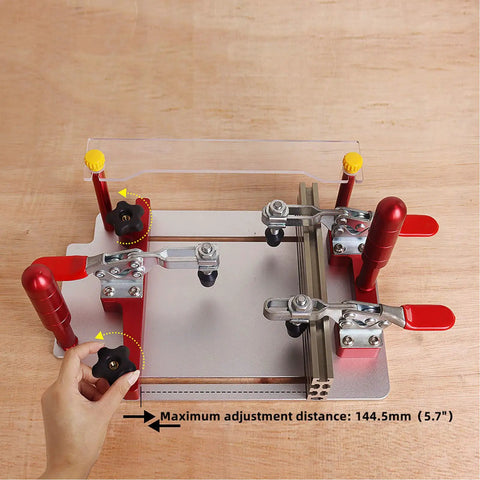Coping Sled for Router Table with Clear Acrylic Fence, Rail Guide, Safety Pushing Clamp, max adjustment distance labeled.