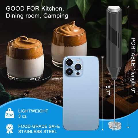 Milk Frother Handheld Electric Blender Stick With Double Coil Stainless Steel Whisk, Battery Operated Foam Maker, shown with phone for size