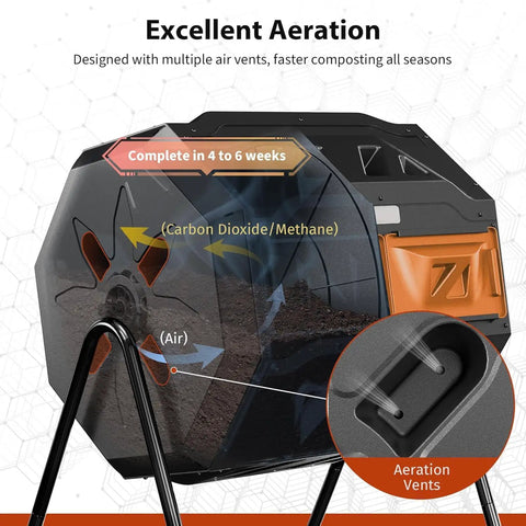 43-Gallon Dual Chamber Compost Tumbler With 360 Degree Rotating Design, Steel Frame, Aeration System, And Dual Sliding Doors