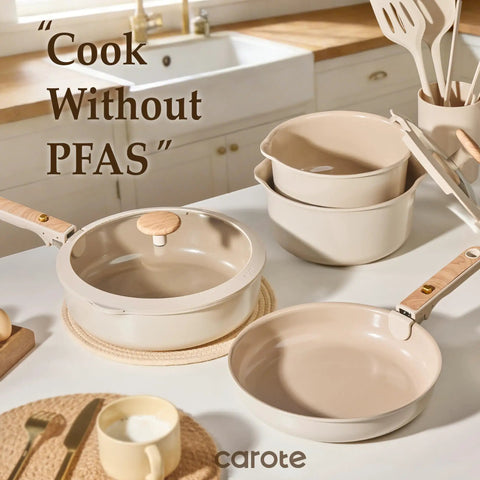 Nonstick Ceramic Cookware Set With Detachable Handle For Everyday Cooking on a kitchen counter