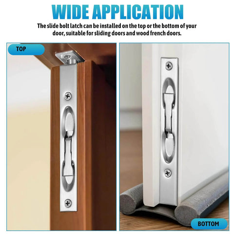 Two Sets Stainless Steel Flush Bolt For Double Doors Hidden Slide Bolt Latch Security Lock With Vertical Installation Easy To Install With Screws No Fuss Works On Wood And French Doors Durable Door Hardware For Smooth Quiet Locking And Clean Look shown installed on top and bottom of wooden and white doors