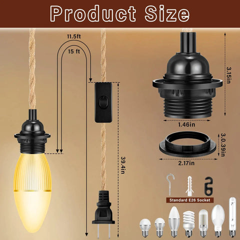 Six Pack 15 Feet Pendant Light Cord Kit With Twisted Nylon Rope And Plug In Switch E26 Socket details and size measurements