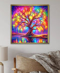 Tree Of Life Diamond Painting Kit For Adults Full Drill 5D Round Diamond Art Beginners Friendly DIY Dots Painting Home Decor 13.78x13.78 Inches Easy To Read Legend Thick Canvas Vivid Color Palette For Stunning Wall Art depicting colorful tree hanging in living room