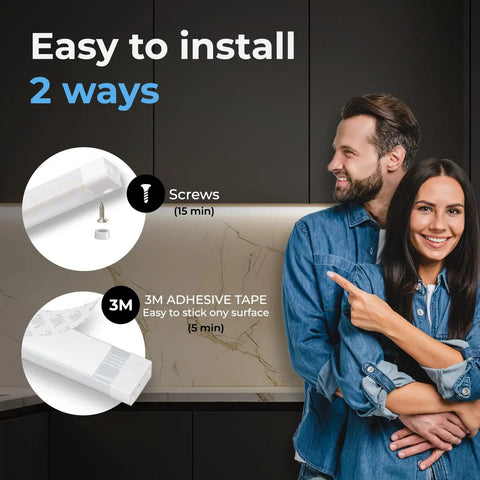 Installation methods for Wave Activated Under Cabinet LED Lighting Kit Dimmable 12 Pack 12 Inch Bars with screws and adhesive tape