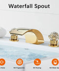 LED Waterfall Widespread Bathroom Faucet Polished Gold Finish with 2 Crystal Knobs 3 Holes Lavatory Basin Mixer Tap for Modern Sinks