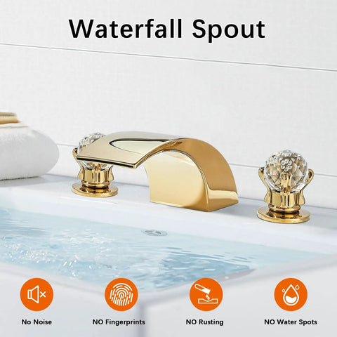 LED Waterfall Widespread Bathroom Faucet Polished Gold Finish with 2 Crystal Knobs 3 Holes Lavatory Basin Mixer Tap for Modern Sinks