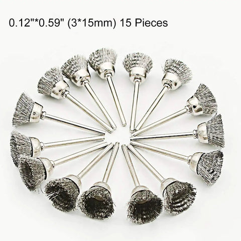 45 Piece Heavy Grade Stainless Steel Wire Brush Set For Drill And Rotary Tools With Badass Rust Removal Grinding Sanding Polishing Accessories Plus Standard One Eighth Inch Collet Fit For Knuckle Busting Jobs And Glossy Results, 15 pieces with different brush sizes.