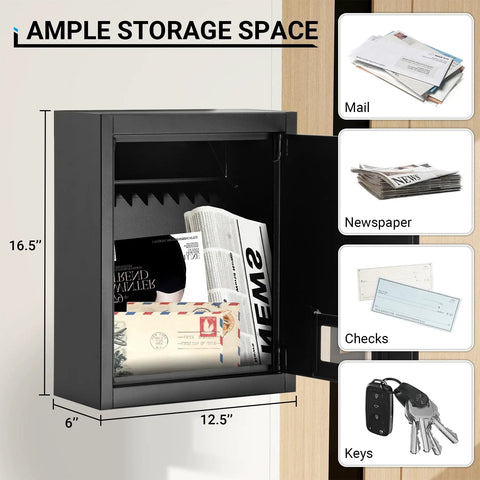 Wall Mount Drop Box With Combination Lock For Home Office Use Beefy Heavy Duty Steel Mail Slot Safe Rainproof Deposit Box With Adjustable Chute Large Sixteen Point Five Inches By Twelve Point Five Inches By Six Inches Secure And Weather Resistant, open showing mail and keys
