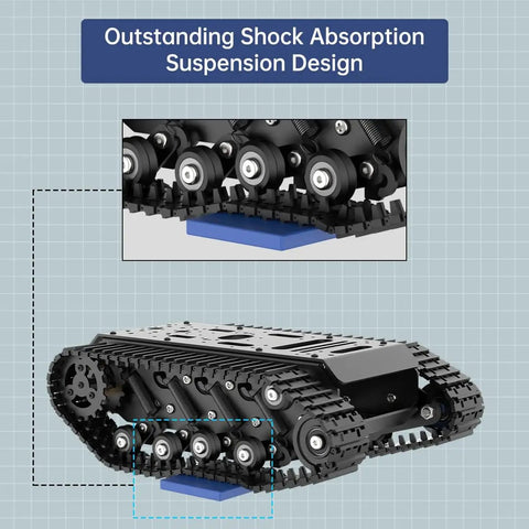 Tracked Tank Chassis With Encoder DC Motor And Suspension Shock Absorption, beefy full metal design shown in close-up with shock absorption.