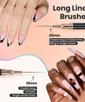 Long liner nail art brushes for creating long lines and fine details in nail designs using a 20mm and 25mm brush.