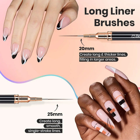 Long liner nail art brushes for creating long lines and fine details in nail designs using a 20mm and 25mm brush.