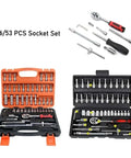 Quick Swap Fast Ratchet Wrench Socket Set With Rugged Steel Toolbox And Assorted Sizes For No Sweat Household Fixes And Garage Tune Ups A 150 Piece Top Shelf Handyman Starter Kit, displayed in orange and black cases.