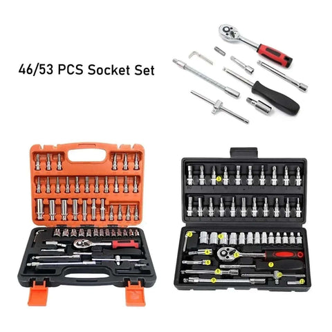 Quick Swap Fast Ratchet Wrench Socket Set With Rugged Steel Toolbox And Assorted Sizes For No Sweat Household Fixes And Garage Tune Ups A 150 Piece Top Shelf Handyman Starter Kit, displayed in orange and black cases.