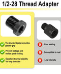 Two black thread adapters, 1/2-28 to 3/4-16, knurled grip with rubber washer for automotive use