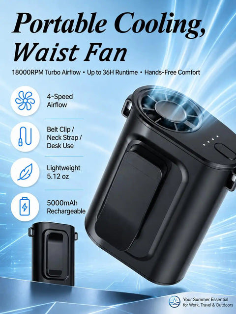Ultra Lightweight Clip On Waist Fan For Outdoor Adventures Portable Belt Mounted Cooling Splash Proof ABS Build Everyday Gear For Hiking Camping Fishing And Biking
