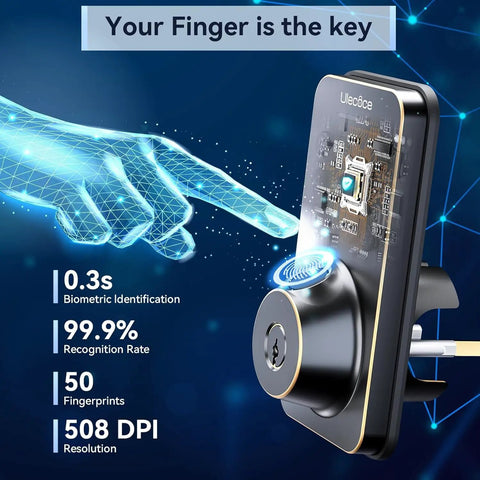 Keyless Entry Door Lock With Handle Set And WiFi App Control Fingerprint Scanner Electronic Keypad Deadbolt With One Time Code Auto Locking Four Unlocking Methods No Fuss Setup Remote Passcode And Backup Keys Easy To Install Oil Rubbed Bronze Finish with biometric identification and 99.9% recognition rate.