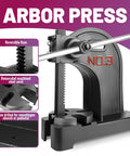 Pro Grade 3 Ton Manual Arbor Press Desktop Punch Press Machine For Stamping Riveting And Sheetmetal Shaping With Adjustable Frame And No Sweat Mechanics For Quick Shop Fixes close-up showing reversible ram and steel anvil.