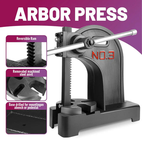 Pro Grade 3 Ton Manual Arbor Press Desktop Punch Press Machine For Stamping Riveting And Sheetmetal Shaping With Adjustable Frame And No Sweat Mechanics For Quick Shop Fixes close-up showing reversible ram and steel anvil.