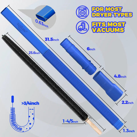 Two Piece Dryer Vent Cleaner Kit with lint vacuum attachment and flexible brush in dark blue, dimensions shown.