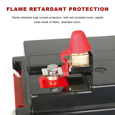 Heavy Duty Waterproof Fuse Block Rated 300 Amp 58 DC With M8 Single Stud Connector showing flame retardant protection and insulation details.