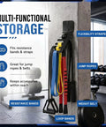 Wall Mounted Gym Equipment Storage Rack for home fitness heavy duty metal organizer holding bands, ropes, and cables.