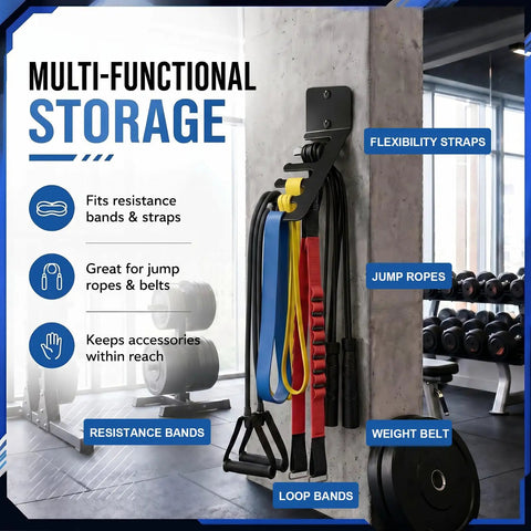 Wall Mounted Gym Equipment Storage Rack for home fitness heavy duty metal organizer holding bands, ropes, and cables.