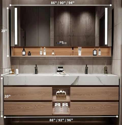 Top Tier Double Sink Bathroom Vanity Made From Solid Wood Featuring Integrated Ceramic Sink And Built In LED Defogging Mirror, dual sinks with LED mirror.
